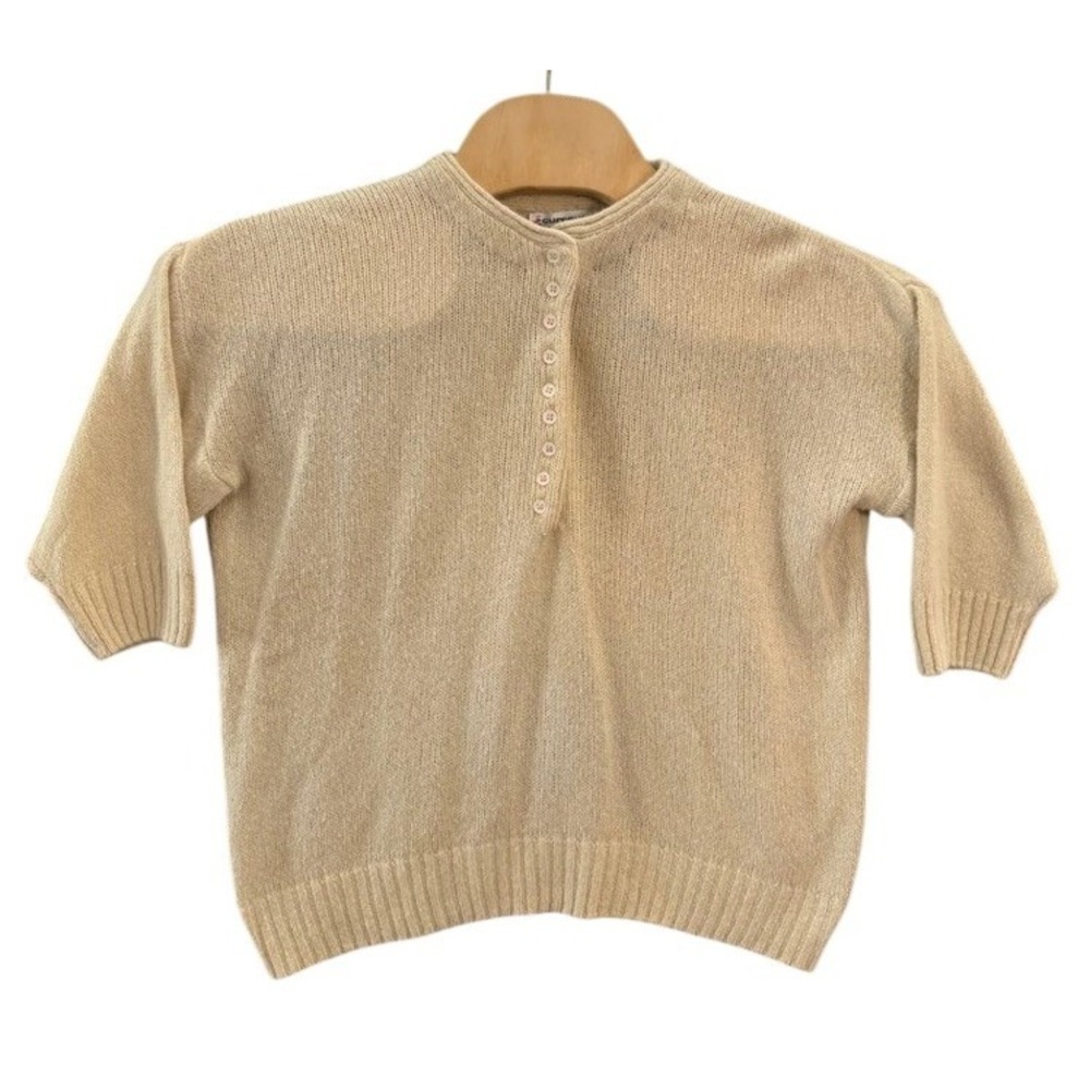 Currants by Jeri-Jo Silk Angora Blend Henley Knit Sweater Beige Short Sleeve S